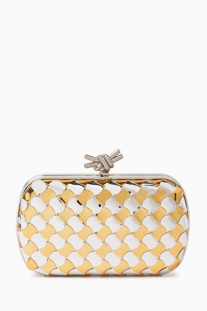 

Knot Minaudiere Clutch in Laminated Intreccio Leather, Gold
