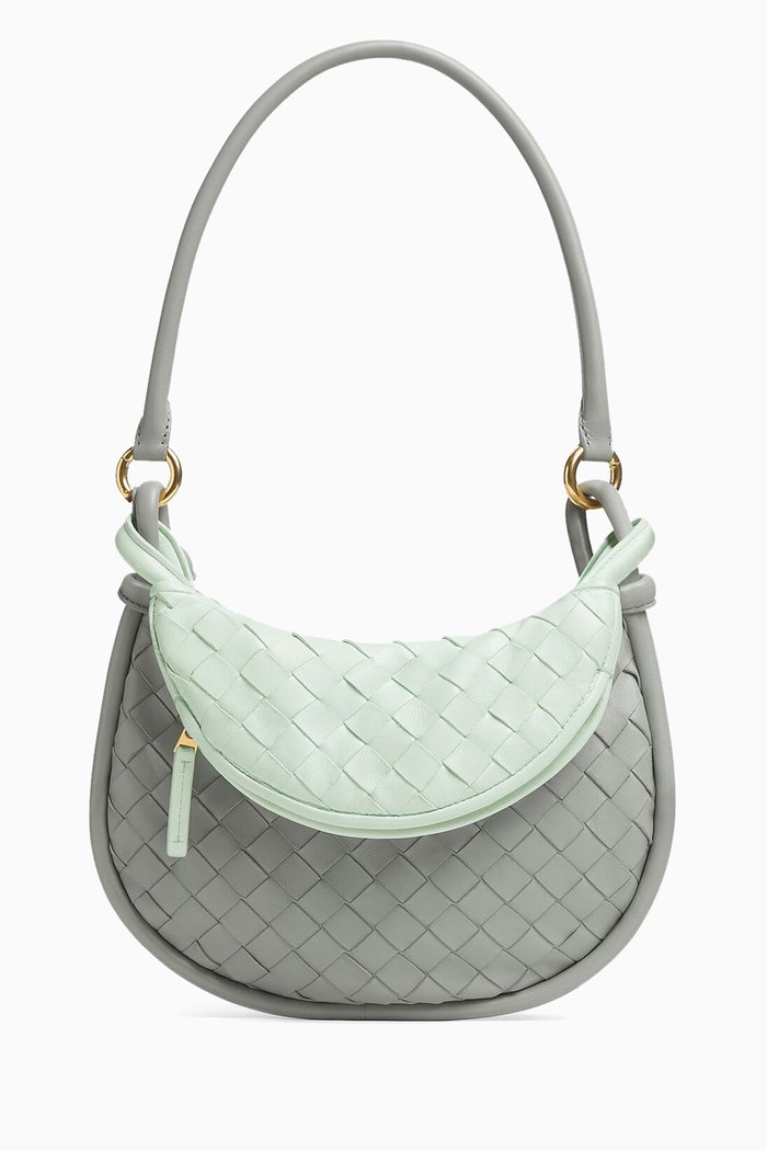 Small Gemelli Shoulder Bag in Intrecciato Leather, Green