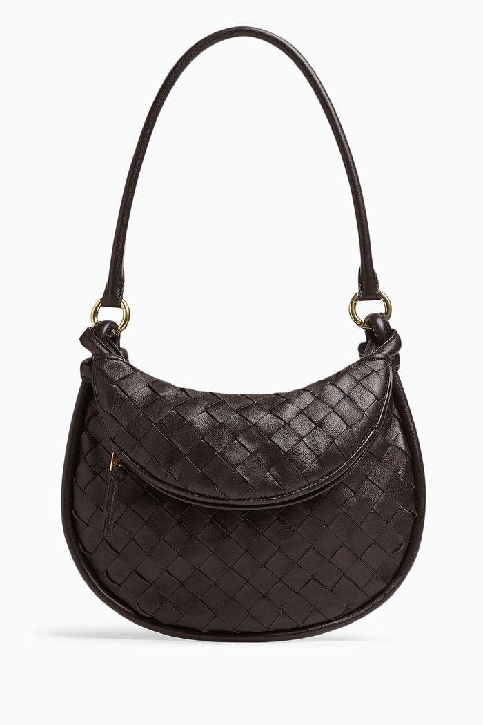 Small Gemelli Shoulder Bag in Intrecciato Leather, Brown