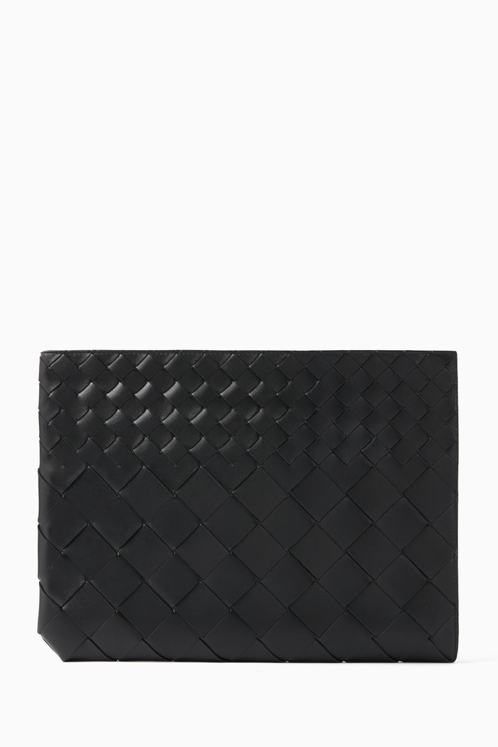 Half-zip Pouch in Intrecciato Leather, Black