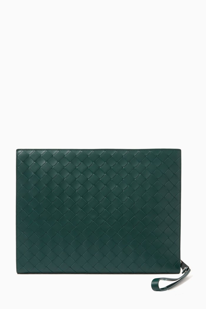 

Medium Wristlet Document Case in Intrecciato Leather, Green