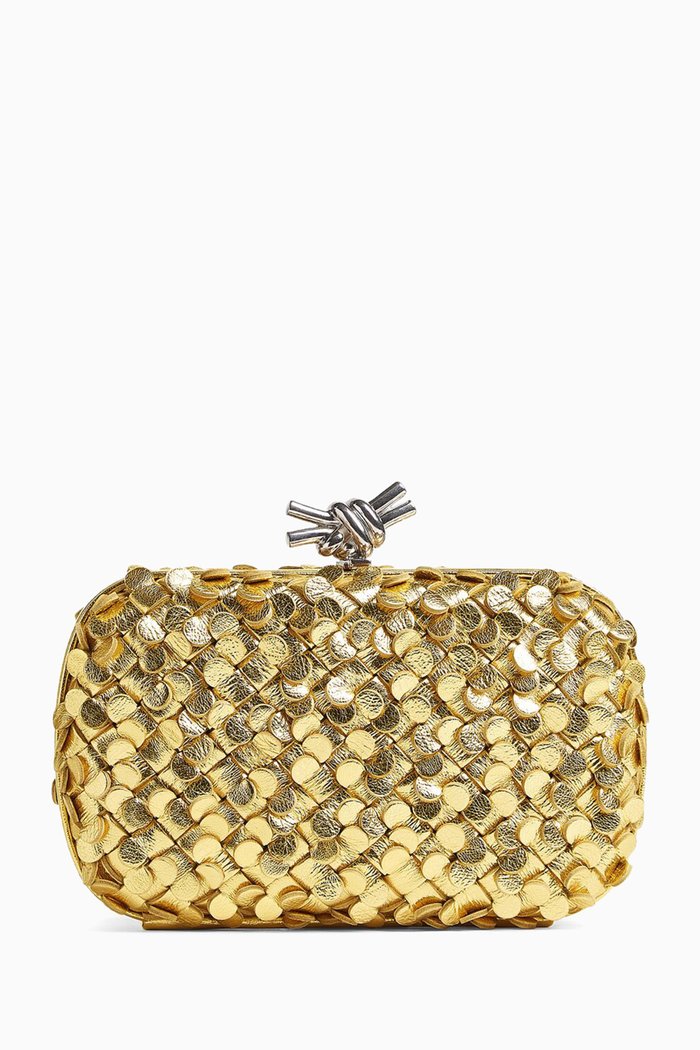 

Knot Minaudiere Clutch in Laminated Intreccio Leather, Gold