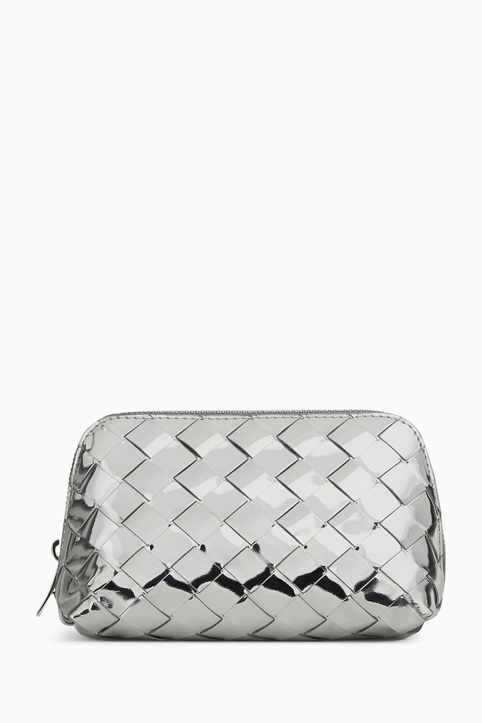 Beauty Pouch in Laminated Intrecciato Leather, Grey