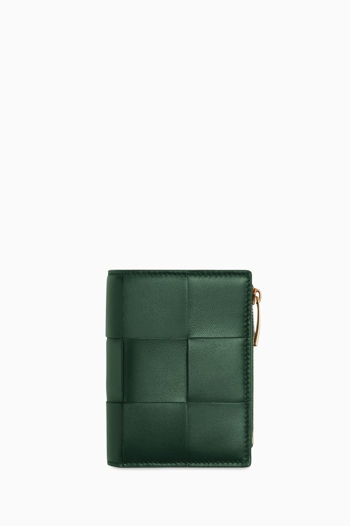 

Small Cassette Bi-fold Zip Wallet in Intrecciato Leather, Green