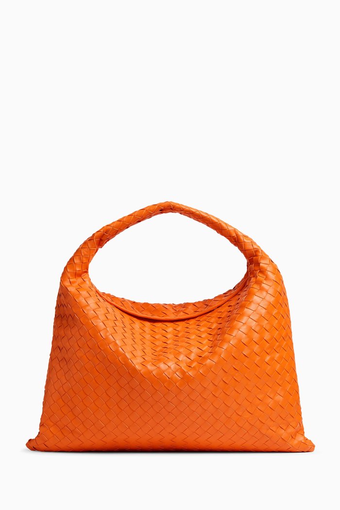 Large Hop Shoulder Bag in Intrecciato Leather, Orange