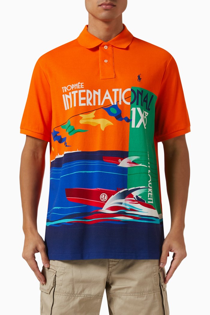 

Graphic Polo Shirt in Cotton Mesh, Multicolour
