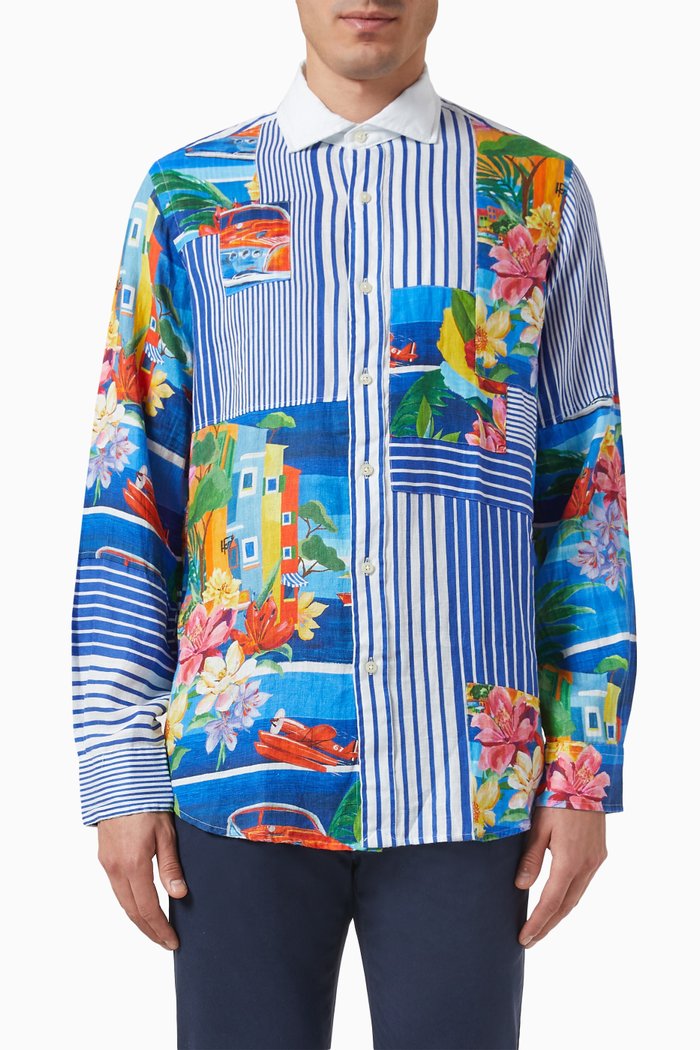 

Patchwork Striped Shirt in Linen, Multicolour