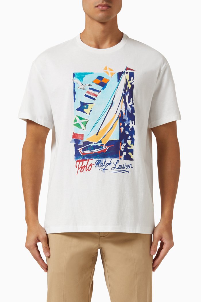 

Sailboat Graphic Print T-shirt in Cotton Jersey, White