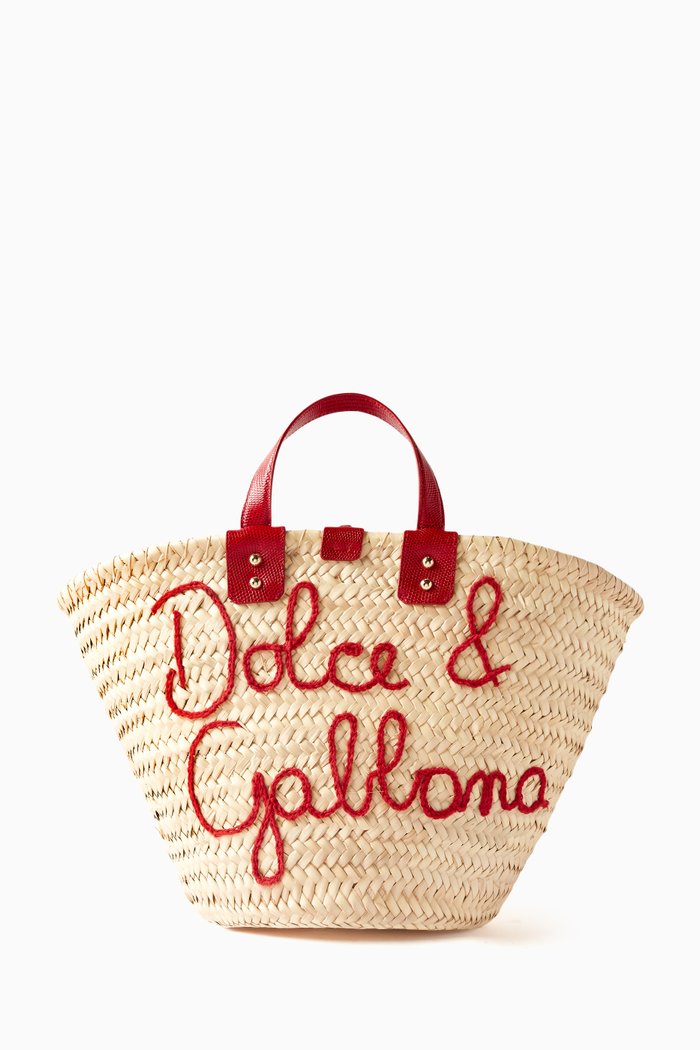 

Kendra Logo Tote Bag in Raffia & Iguana Leather, Red