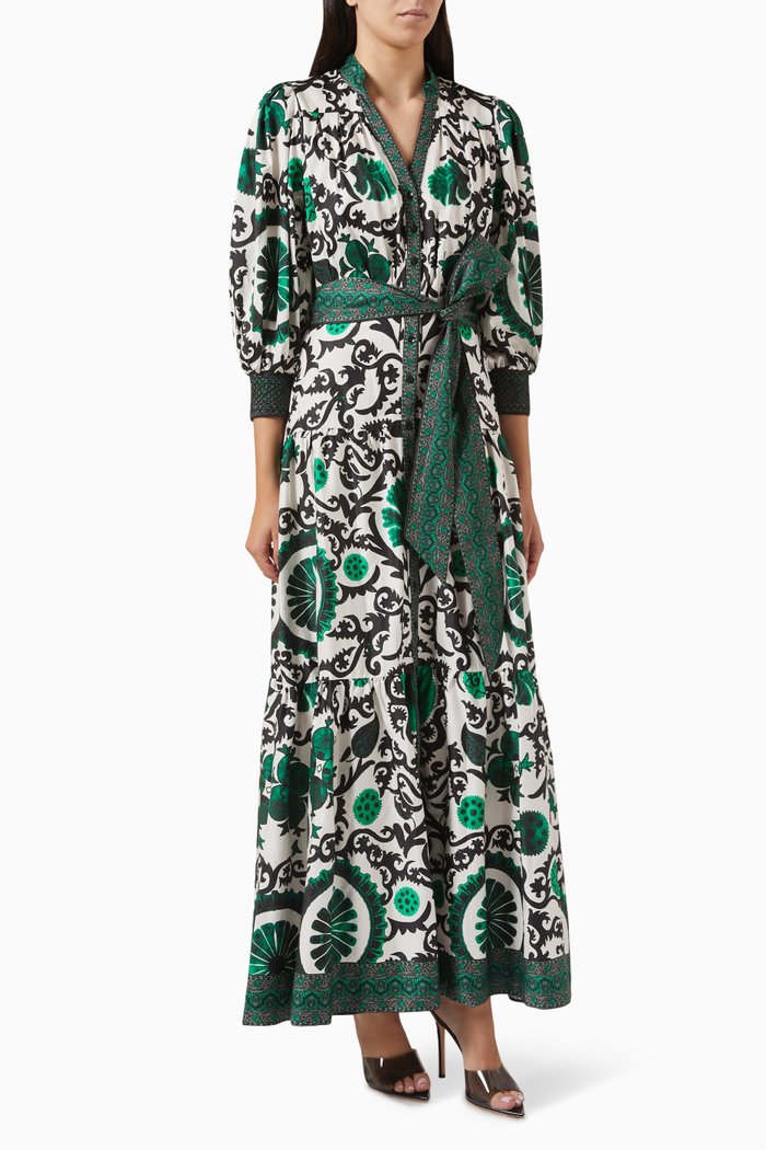 

Cora Volume Tiered Shirt Dress in Cotton, Green