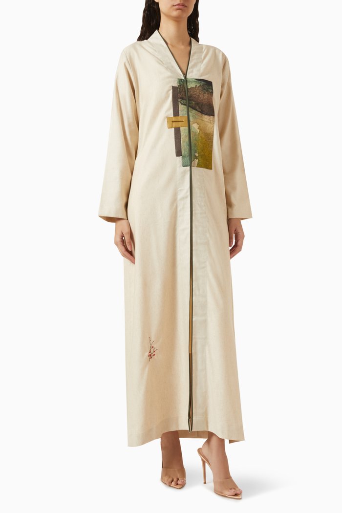 

Abstract-patch Abaya in Linen, Neutral