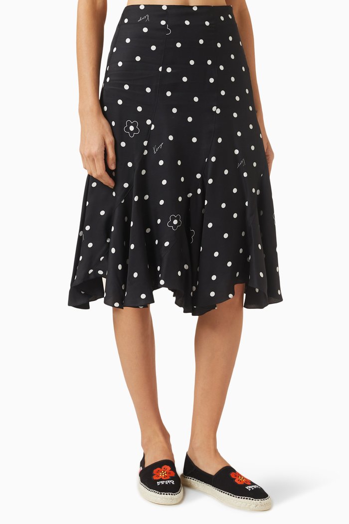 

Flower Spot Flared Midi Skirt in Viscose, Black