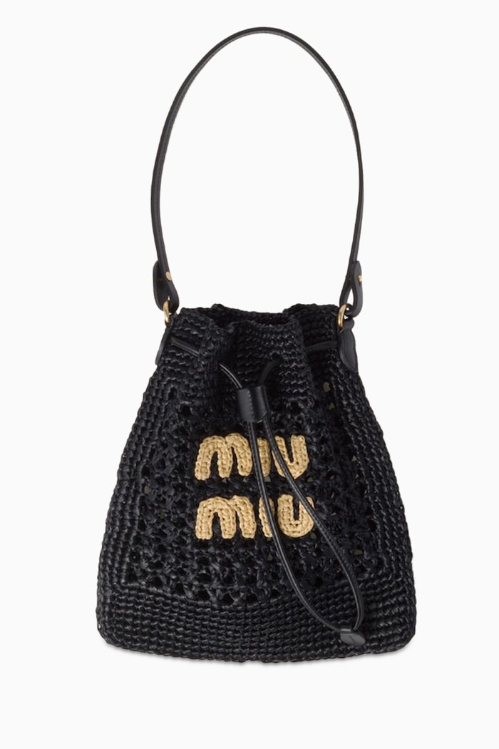 

Mini Bucket Bag in Raffia-effect Yarn, Black