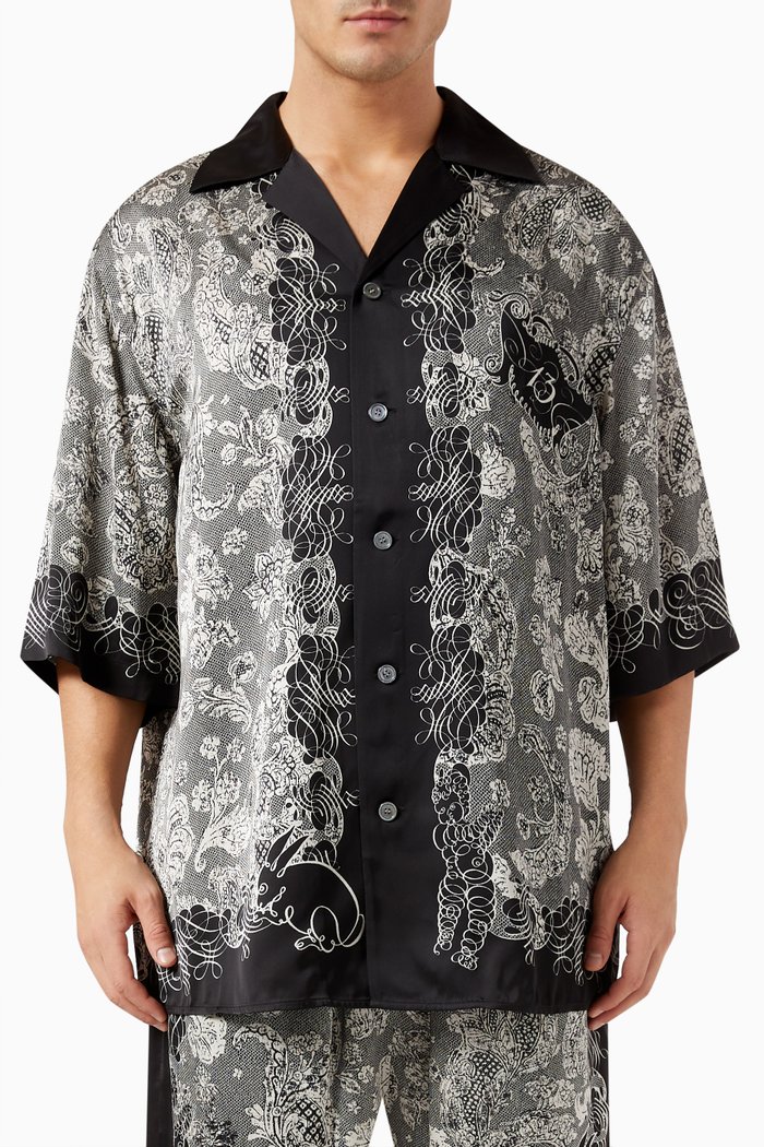

Printed Button-up Shirt in Satin, Black