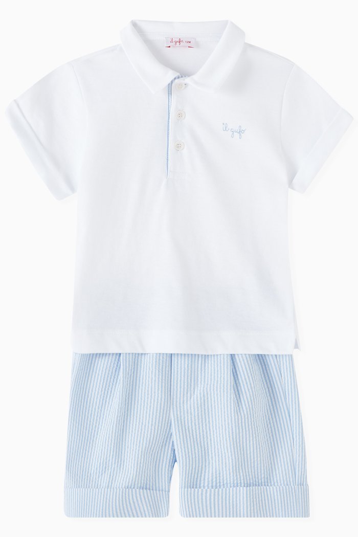 

Polo Shirt & Bermuda Shorts Set in Cotton Jersey & Seersucker, Blue