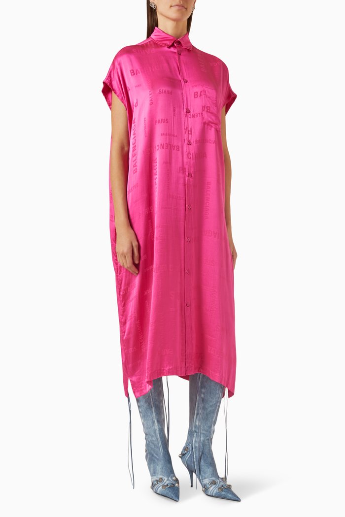 Monogram Raw-cut Midi Dress in Silk Jacquard, Pink