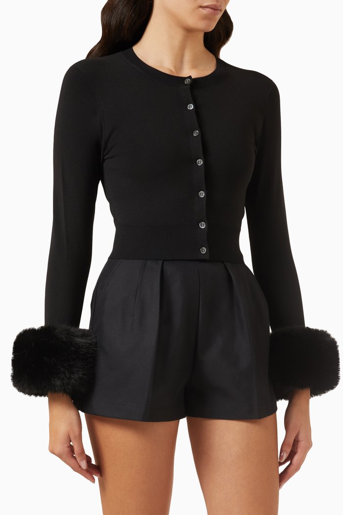 Cuffed Cardigan in Nylon and Faux Fur, Black