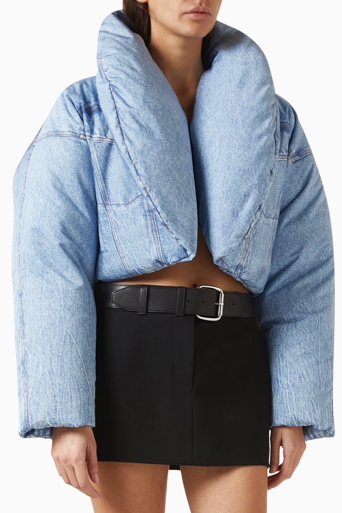 Oversized Cropped Puffer Jacket in Nylon, Blue
