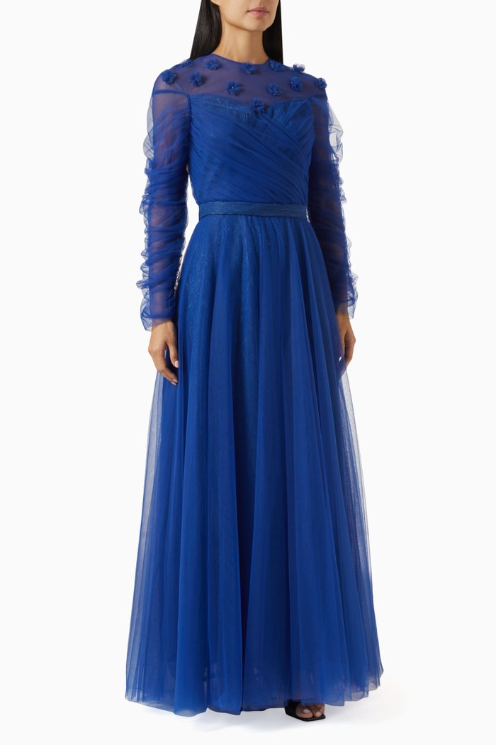 

Ruffled Maxi Dress in Tulle, Blue
