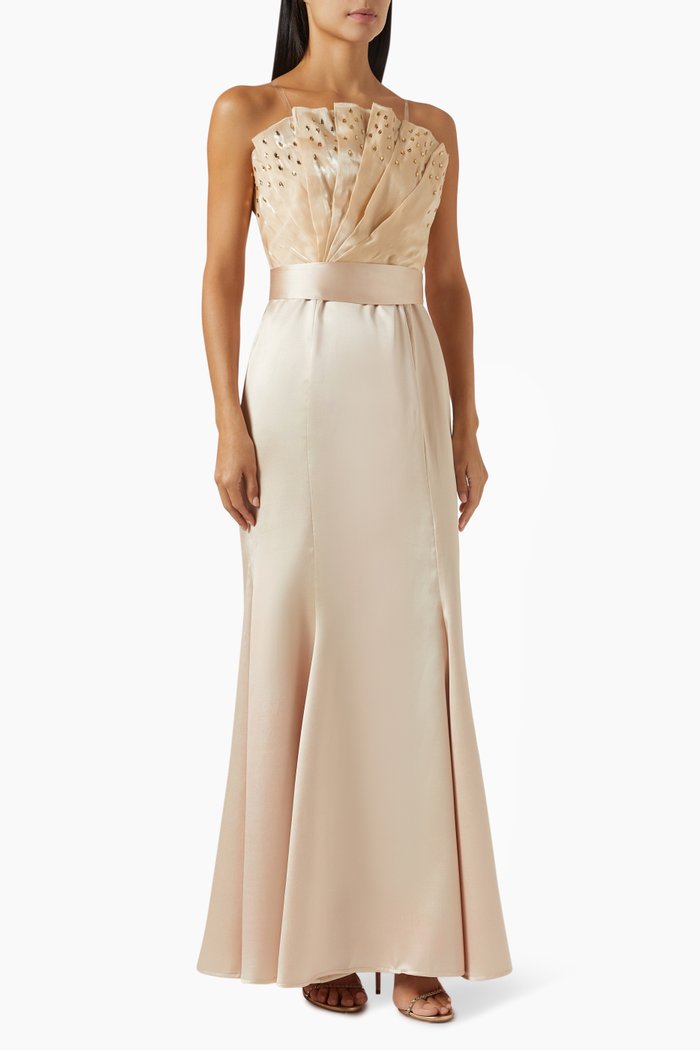 

Strapless Pleated Maxi Dress, Gold