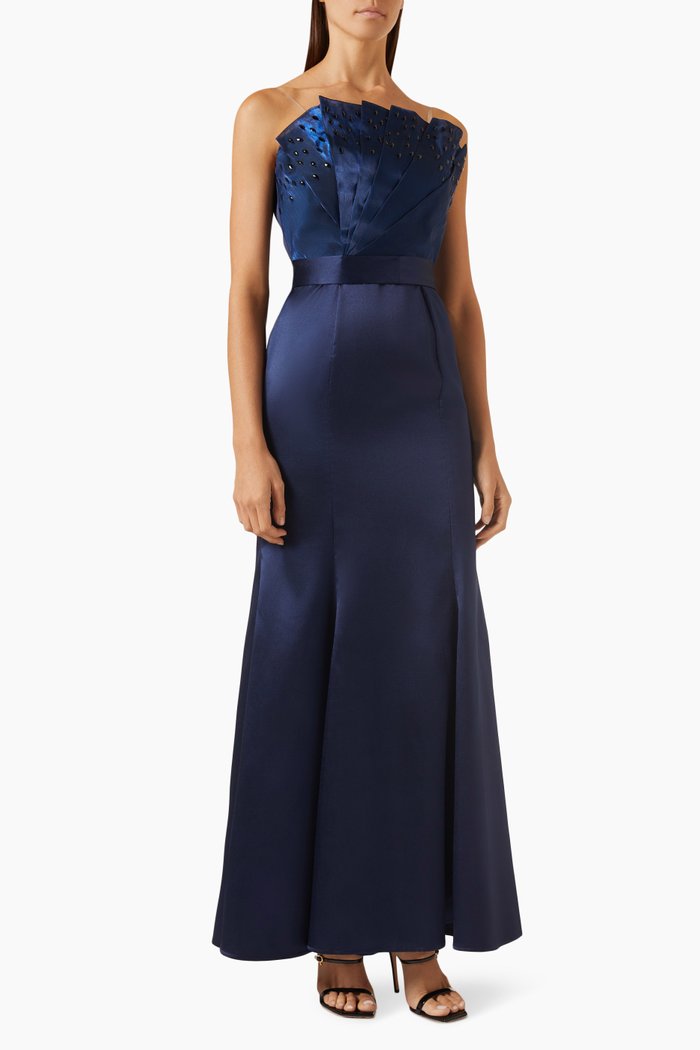 

Strapless Pleated Maxi Dress, Blue