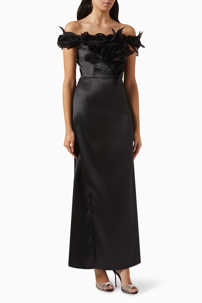 Off-the-shoulders Dress in Satin, Black