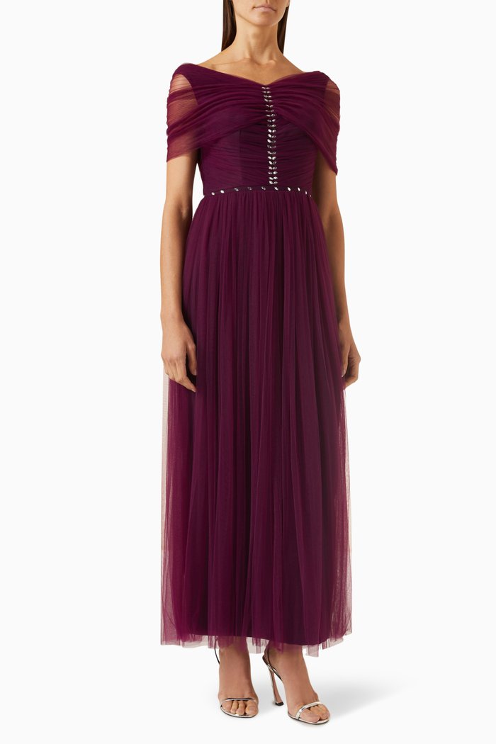 Crystal-embellished Ruched Maxi Dress in Tulle, Purple