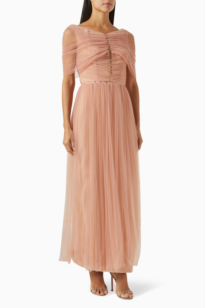 

Crystal-embellished Ruched Maxi Dress in Tulle, Pink