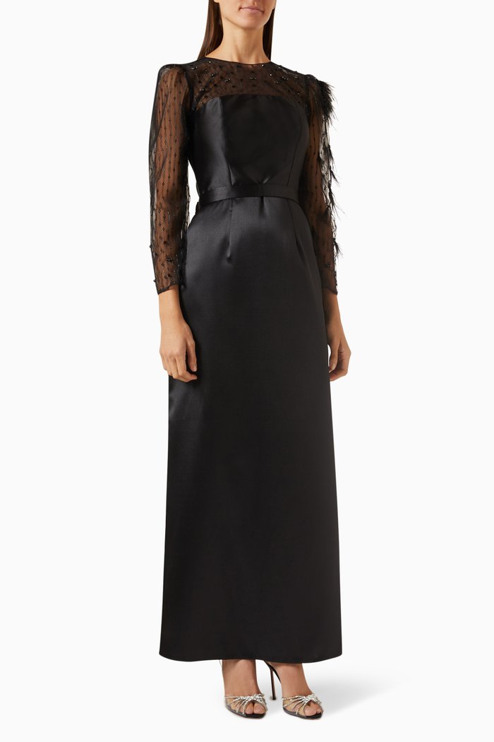 

Feather-trimmed Maxi Dress in Tulle, Black