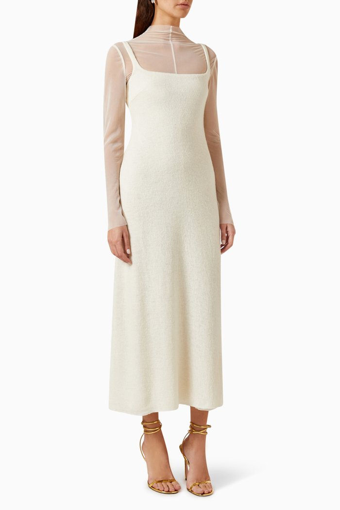 

Sheer Long-sleeves Midi Dress, White