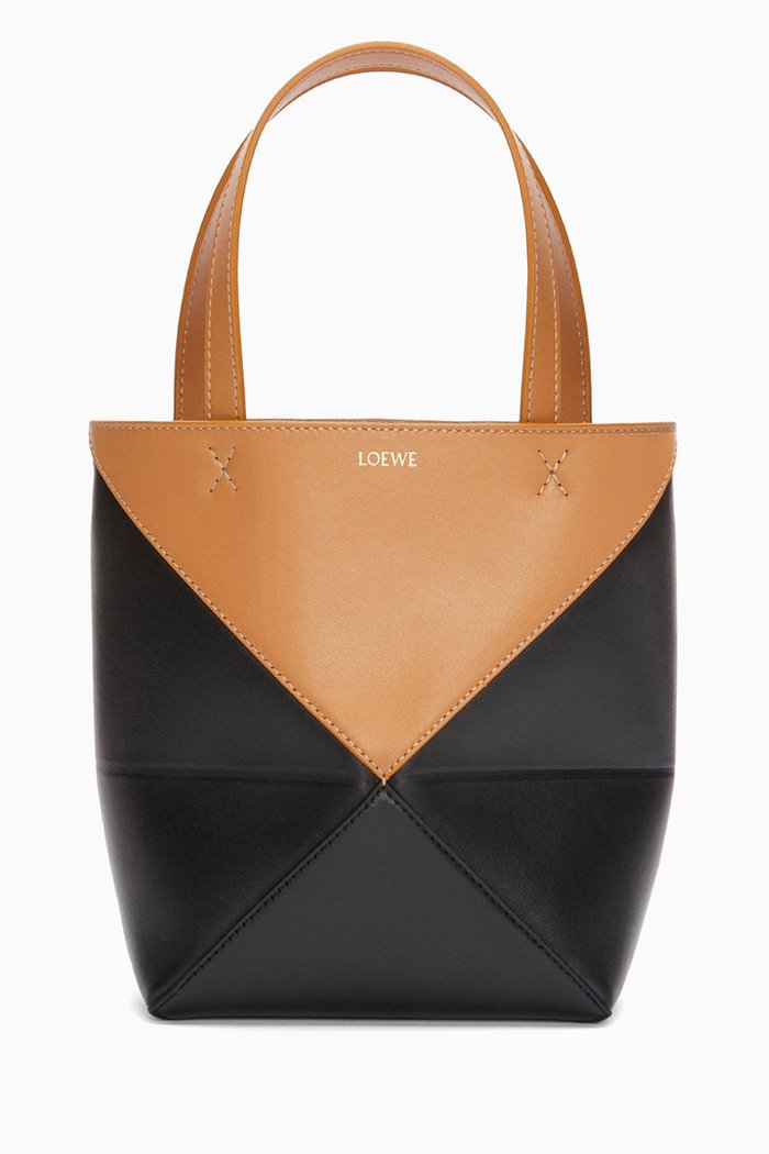

Mini Puzzle Fold Tote Bag in Shiny Calfskin, Black