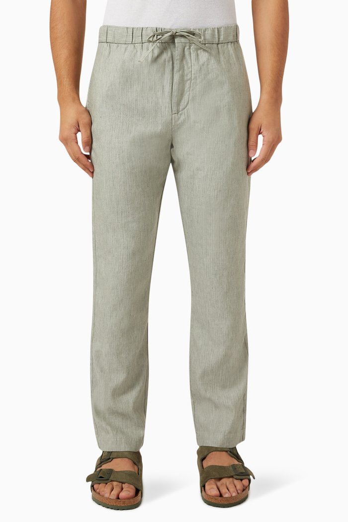 Oscar Herringbone Chino Pants in Linen-cotton Blend, Green