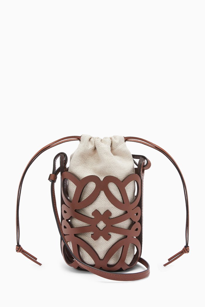 

Anagram Cut-out Crossbody Bag in Calfskin & Canvas, Brown