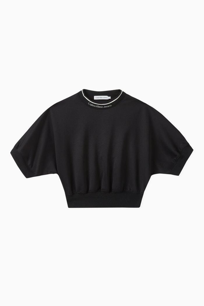Logo Waisted Top in Stretch Polyester Interlock, Black