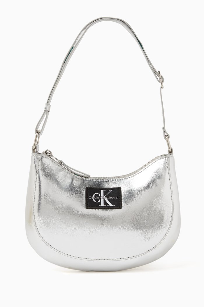 

Logo Shoulder Bag in Metallic Faux Leather, Silver