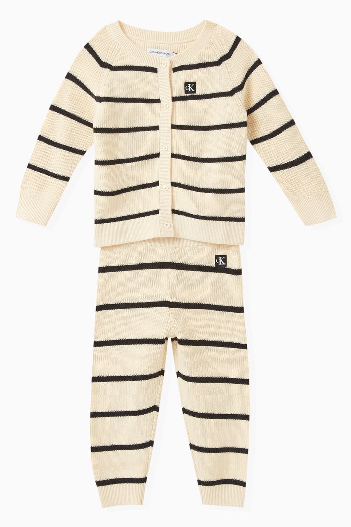 

Striped Cardigan & Pants Set in Cotton-blend Knit, Black