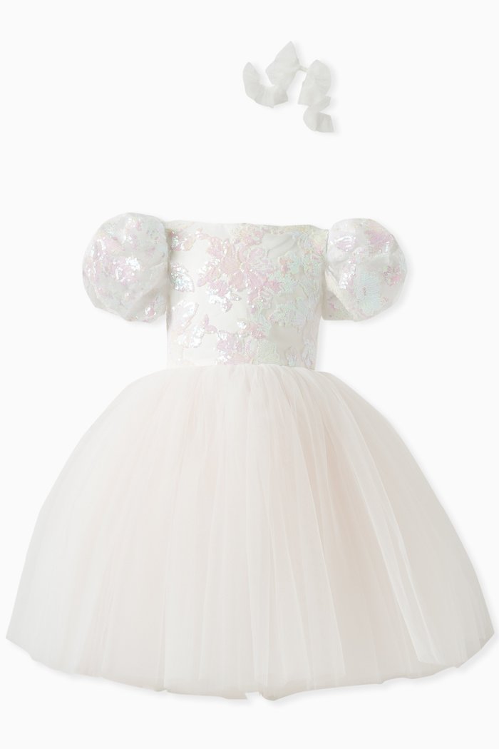 

Sequin Daffodil Dress in Tulle, White