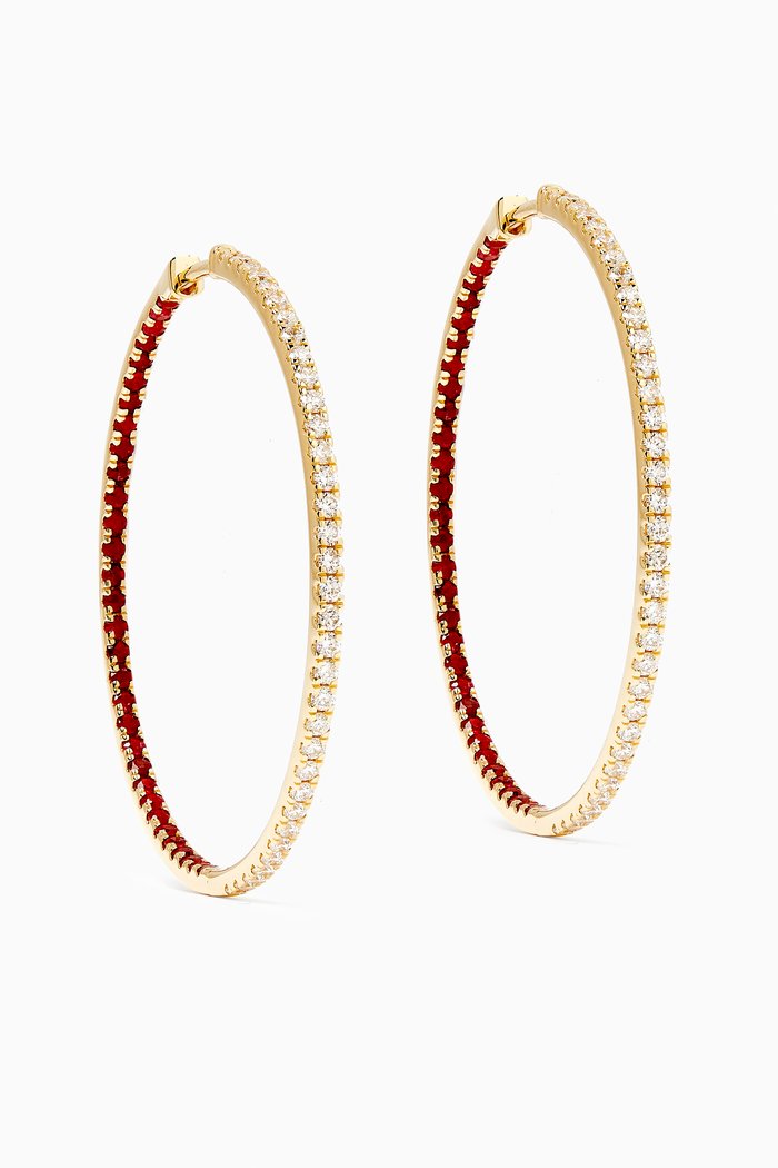 

Large Diamond & Ruby Hoop Earrings in 18kt Gold, Red