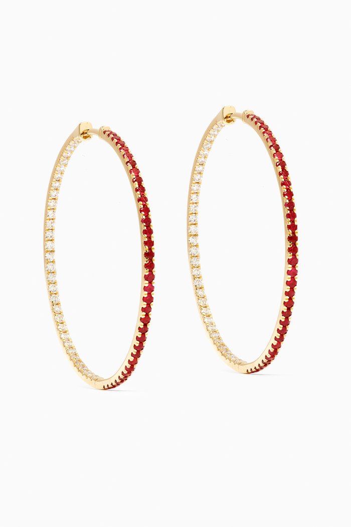 

Large Ruby & Diamond Hoop Earrings in 18kt Gold, Red