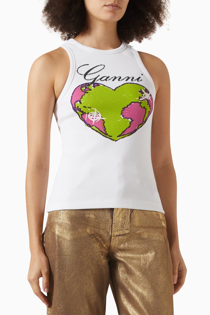 

Graphic Tank Top in Ribbed Cotton-blend, White