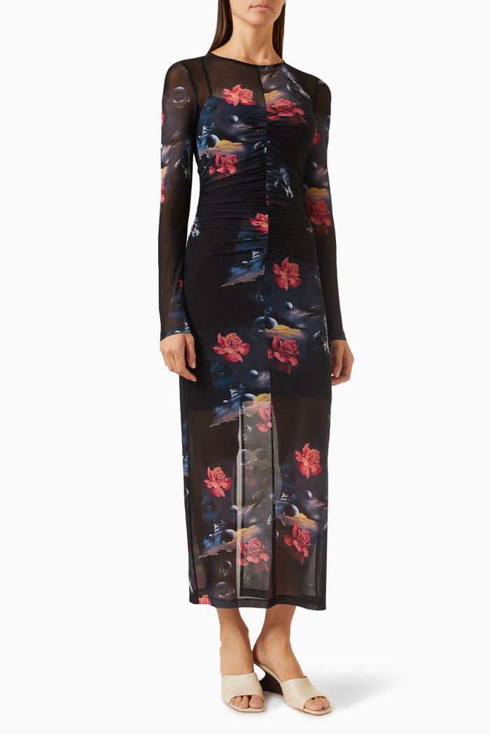 

Printed Maxi Dress in Mesh, Black