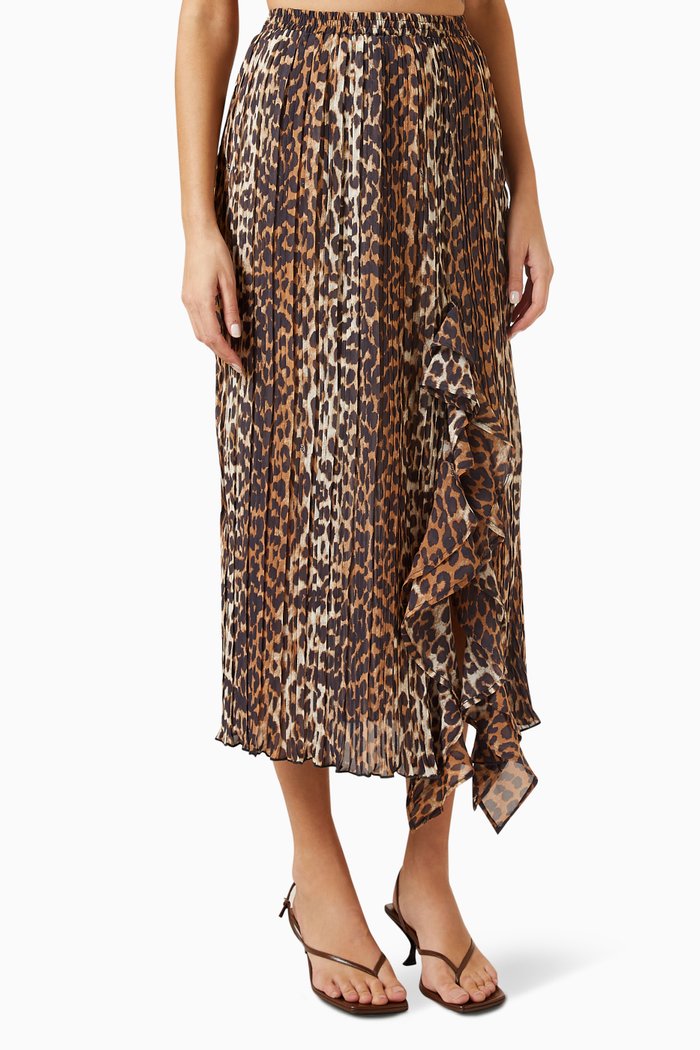 

Leopard-print Flounce Midi Skirt in Pleated Georgette, Brown