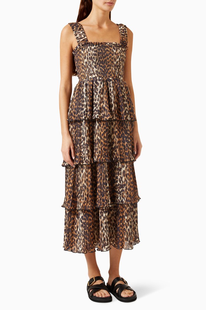 

Leopard-print Flounce Midi Dress in Pleated Georgette, Brown