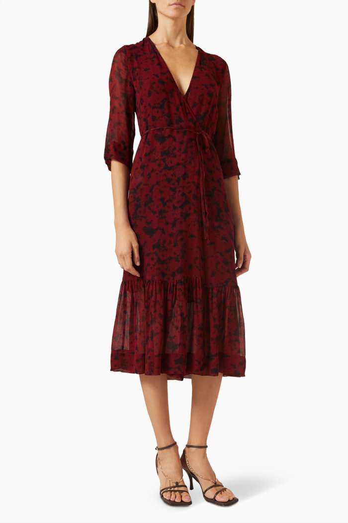 

Printed Wrap Midi Dress in Georgette, Red