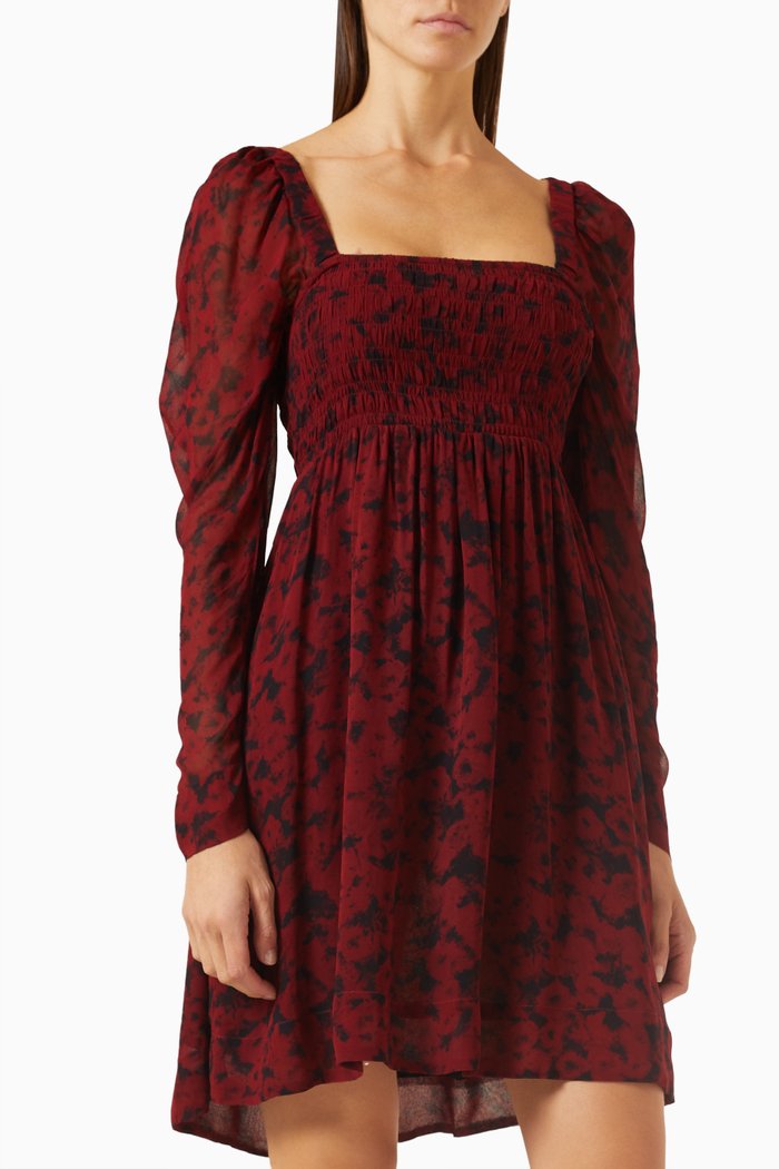 

Printed Smocked Mini Dress in Georgette, Red