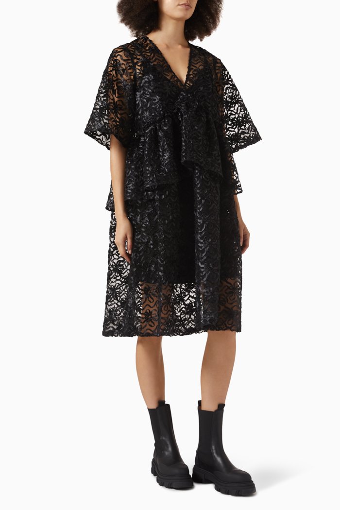 

Flounce Midi Dress in Ribbon Tulle, Black