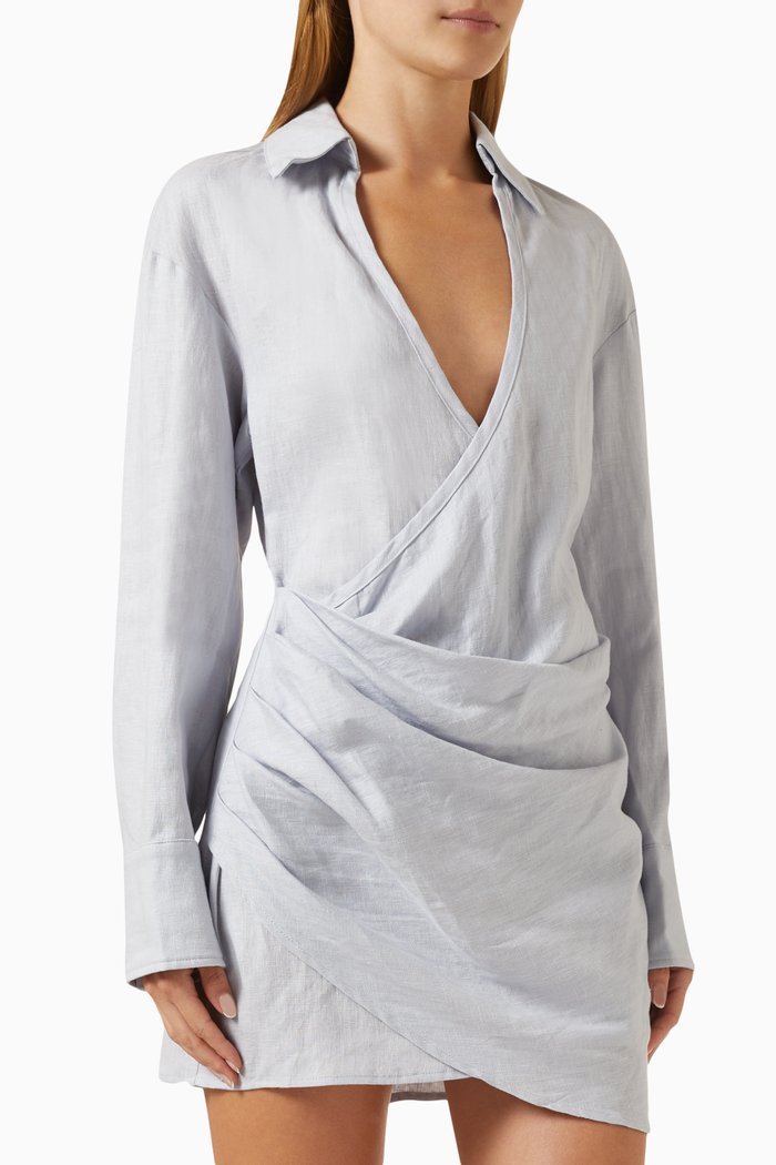 Willacy Mini Shirt Dress in Linen, Blue
