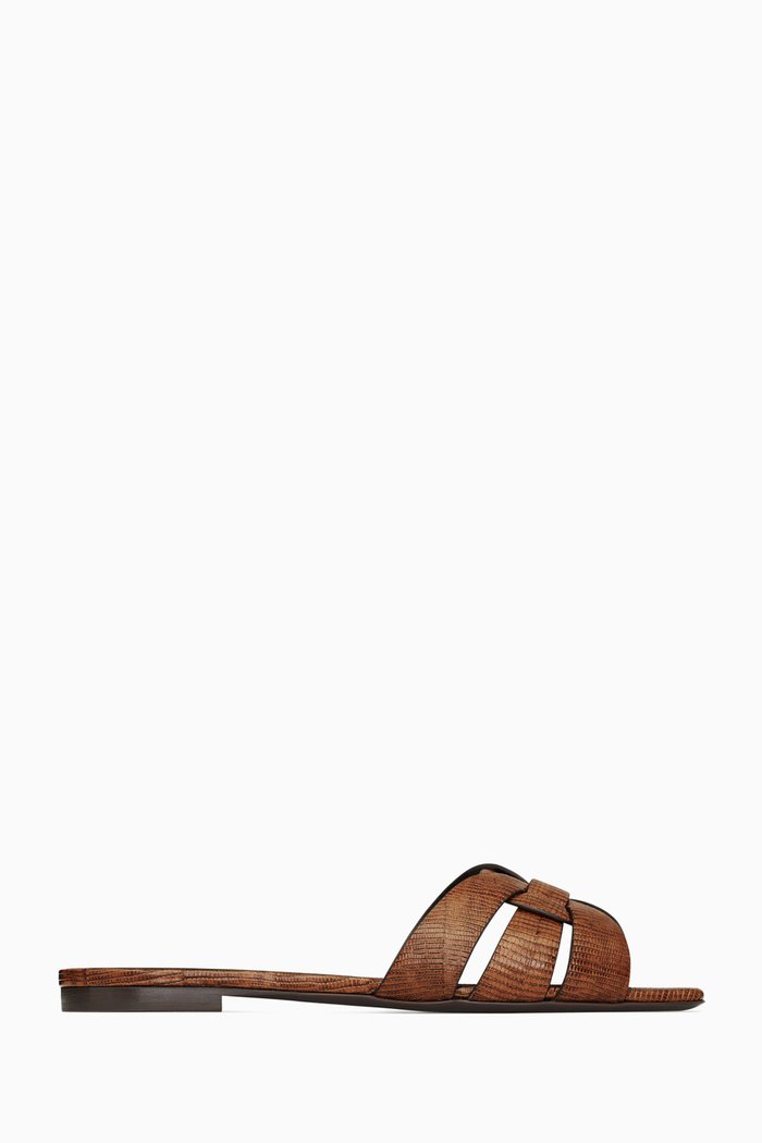 Tribute Mule Sandals in Lizard-embossed Leather, Brown