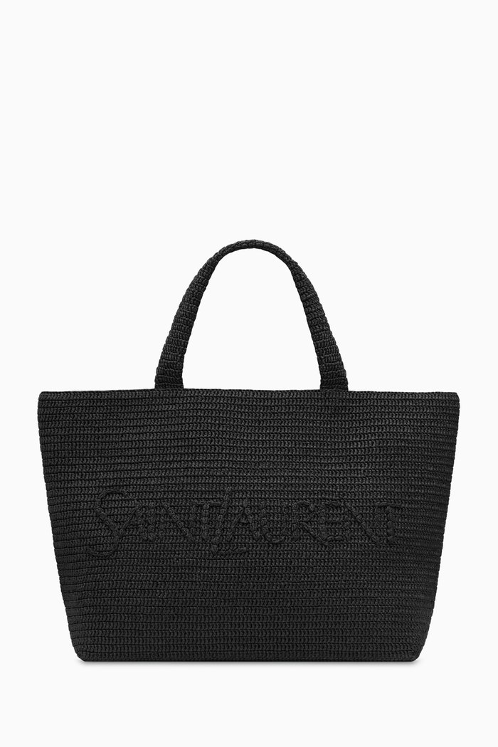 Logo-embroidered Crochet Tote Bag in Raffia, Black