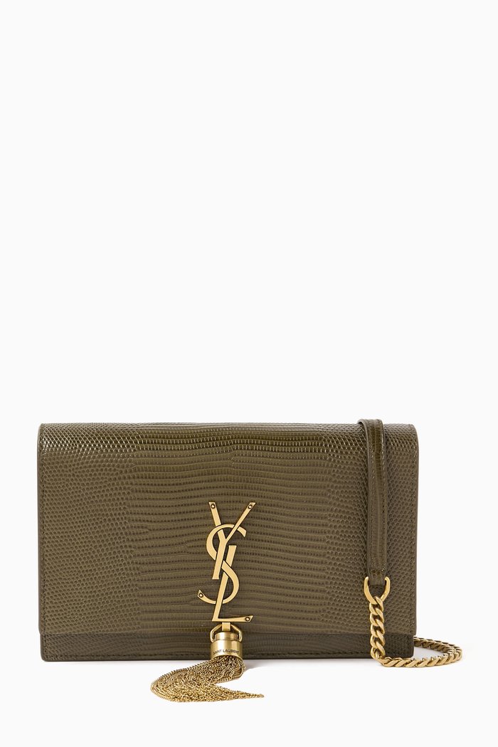 

Small Kate Chain Wallet with Tassel in Shiny Lizard Leather, Green